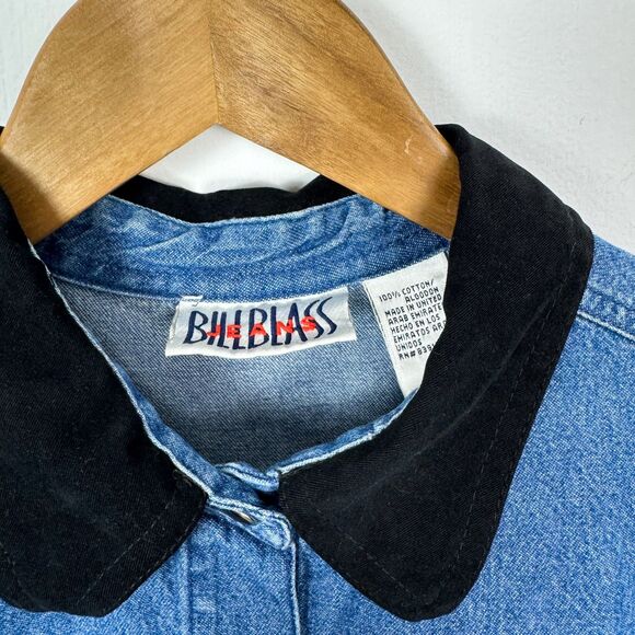 VTG 90s Denim Christmas Holiday Santa Embroidered Velvet Collar Button Down - Picture 4 of 4